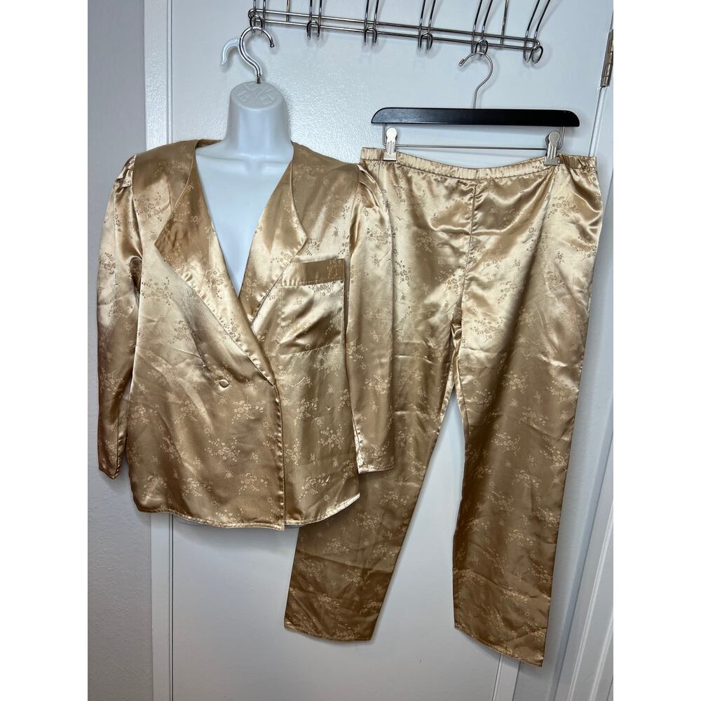 VTG La Mouette Women's 2-pc Satin Pajama Lounge Set Gold ~ Size M